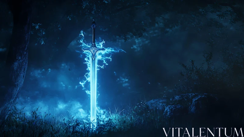 AI ART Glowing Sword in the Woods