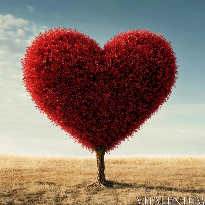 AI ART Red Heart Shaped Tree in Meadow