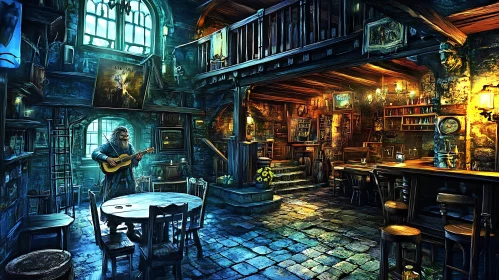 Rustic Pub Interior with Musician