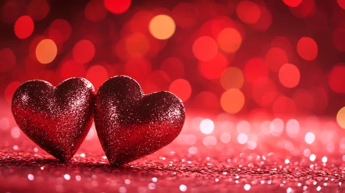 Two Glitter Hearts on Red Bokeh Background