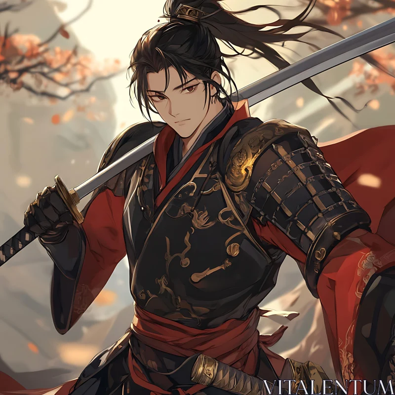 AI ART Asian Warrior with Sword in Autumn