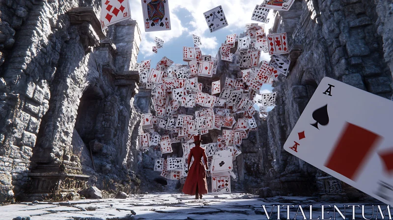 AI ART Woman in Red Among Falling Cards