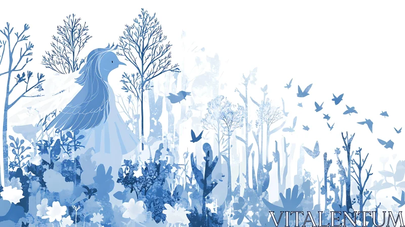 Peaceful Blue Bird and Forest Scene AI Image