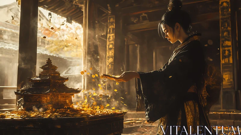 Asian Woman Performing Golden Ritual AI Image