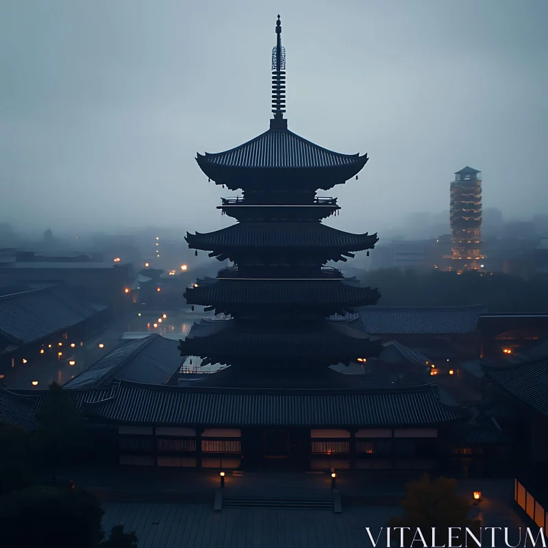 Misty Pagoda: A Cityscape View AI Image