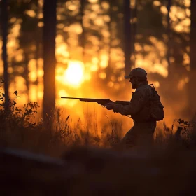 Man with Rifle in Golden Forest Light