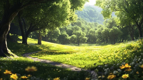 Sun-dappled Forest Landscape with Flowers