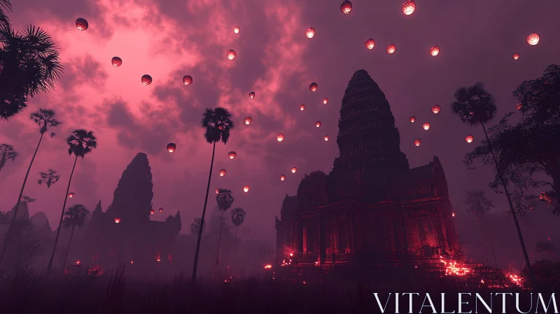 Ancient Temple Under Pink Sky AI Image