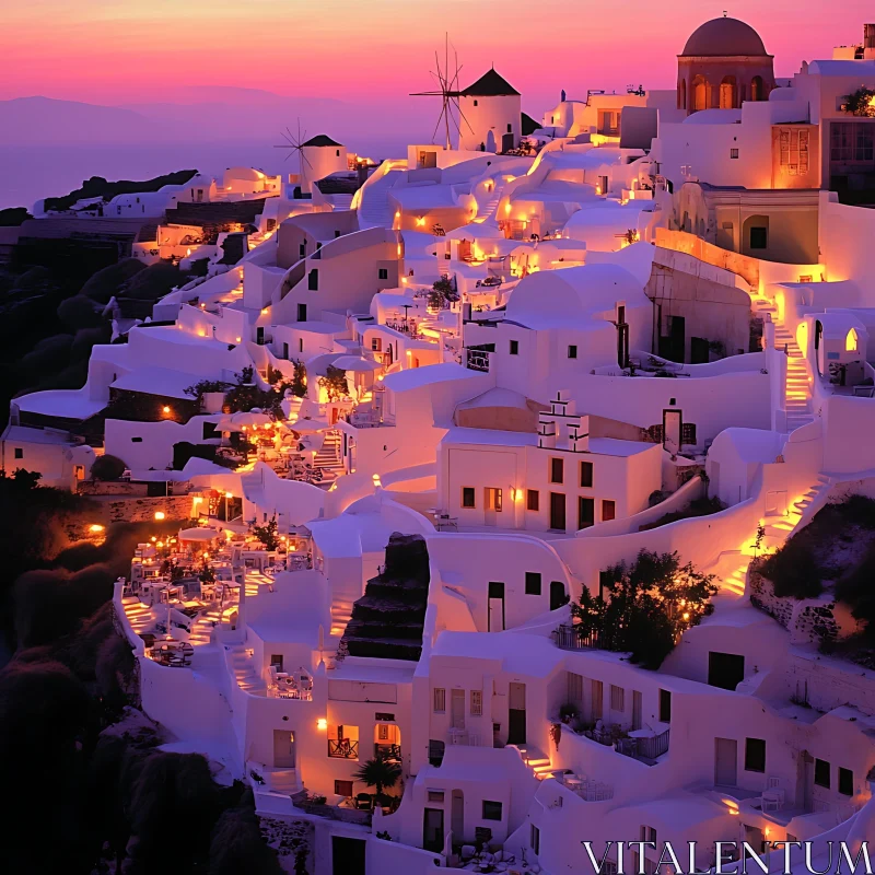 Twilight Over Santorini's Whitewashed Wonders AI Image