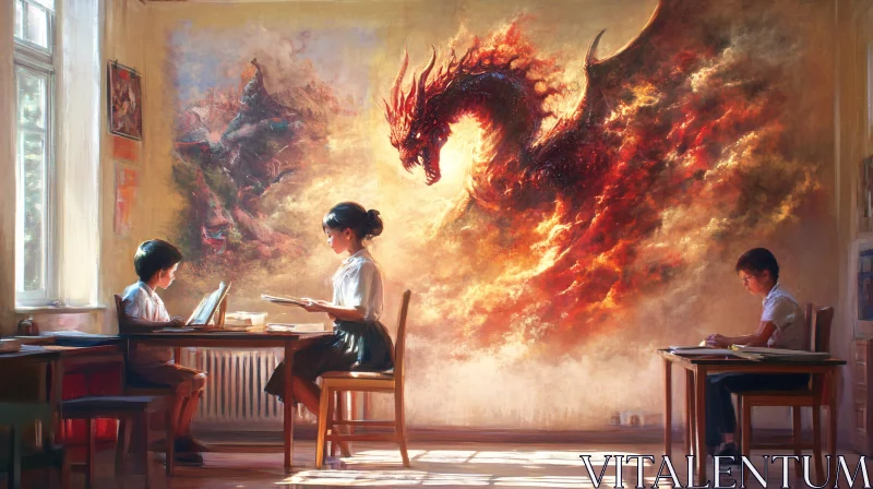 AI ART Students in Classroom with Dragon Art