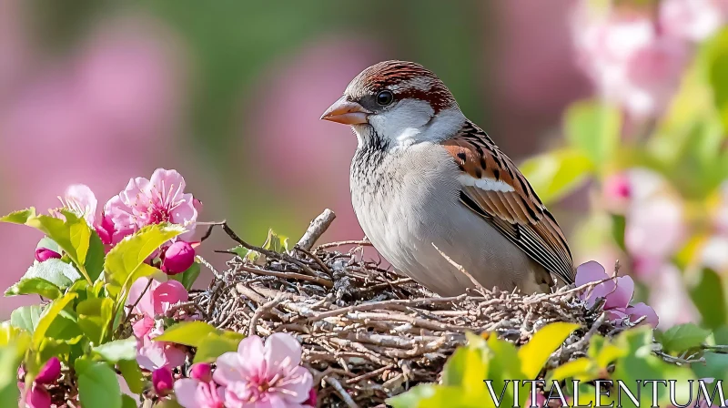 Bird in Nest with Pink Blossoms AI Image