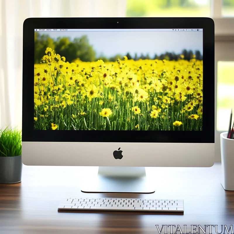 AI ART Serene Office Desk with Nature-Inspired Screen