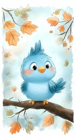 Cute Blue Bird on a Branch with Leaves