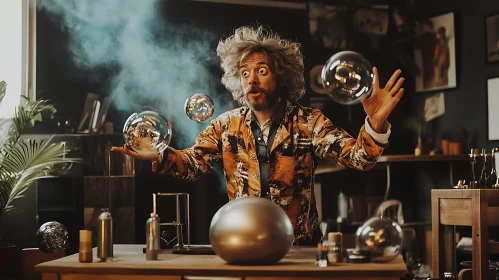 Man Juggling Spheres with Surprised Expression