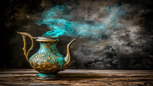 Enigmatic Vintage Metal Jug with Genie's Smoke - Surrealism Art