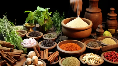Exquisite Collection of Spices and Herbs in a Wooden Bowl