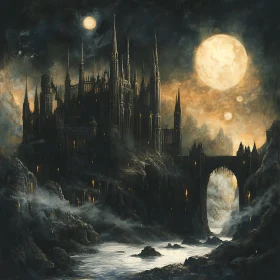 Moonlit Gothic Castle by the River