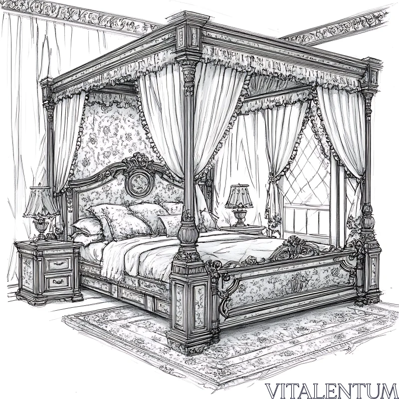 Opulent Bedroom with Intricately Designed Bed AI Image