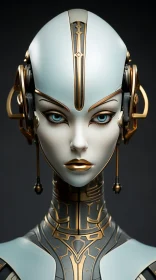 Futuristic Female Robot in Dark, White, and Gold Tones