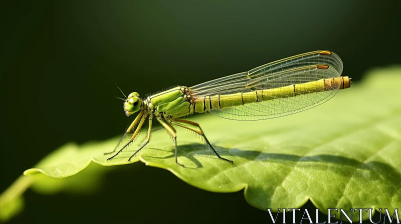 Green Dragonfly on Leaf: A Study in Detailed Photography AI Image