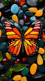 Monarch Butterfly on Colorful Pebbles - Stained Glass Effect