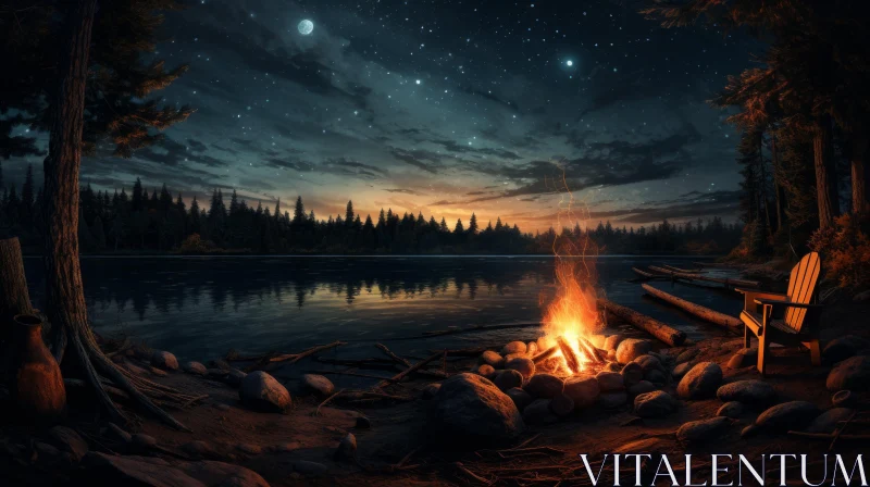 Serene Campfire by Lake under Starry Sky AI Image
