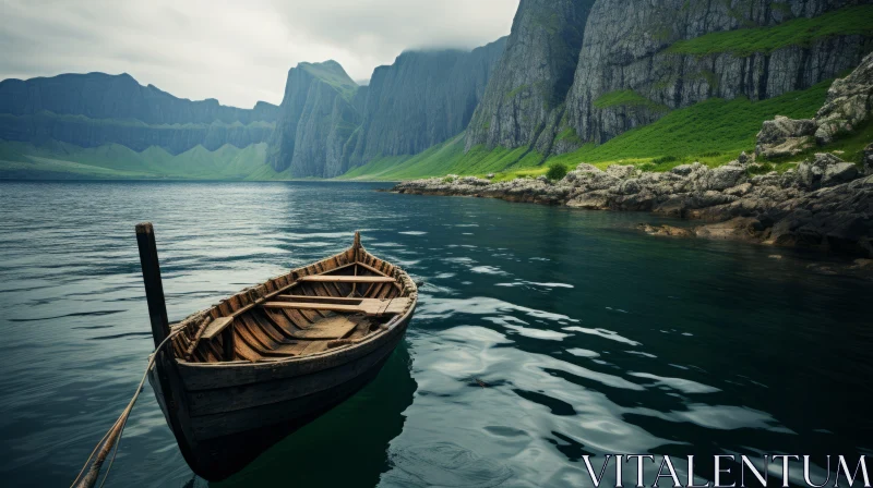Serene Wooden Boat Amidst Mountain Ridges - A Tale of Norwegian Nature AI Image