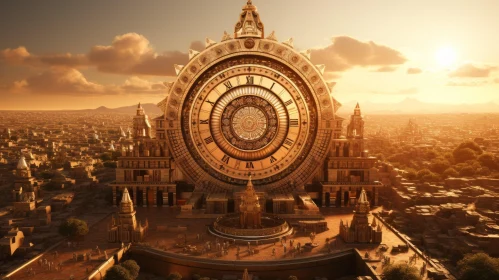 Timeless Mythology: An Ornate City with a Huge Clock Tower