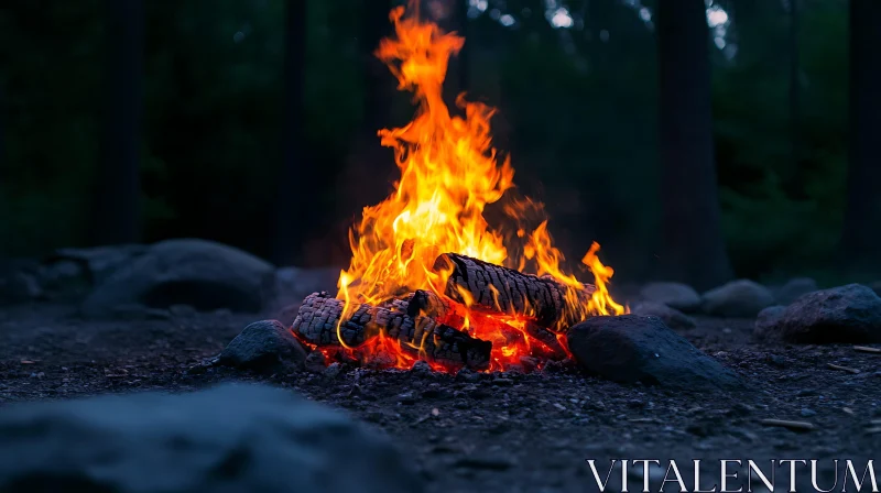 Tranquil Nighttime Campfire in the Woods AI Image