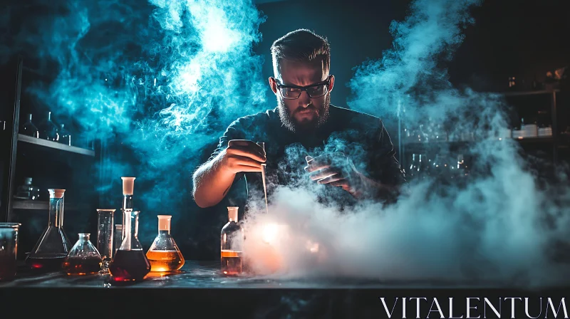 AI ART Scientist Mixing Chemicals in Smoky Lab