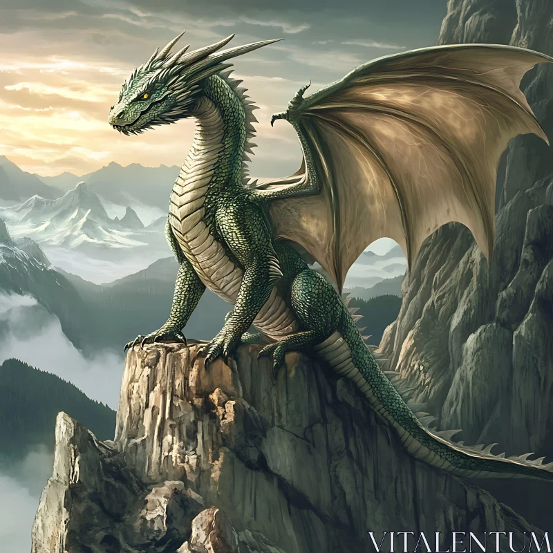 Green Dragon Overlooking Misty Mountains AI Image