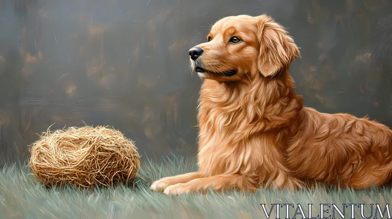 AI ART Illustrated Golden Retriever with Straw