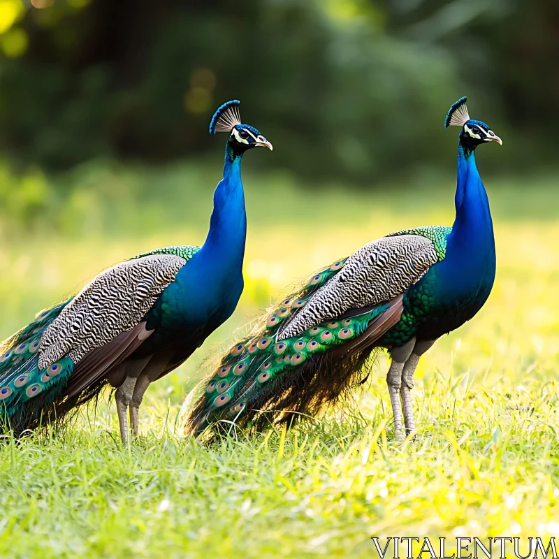 Pair of Peacocks in Grassy Field AI Image