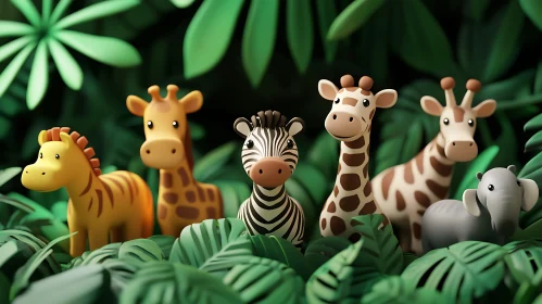 Colorful Animal Figures in a Cartoon Jungle Setting