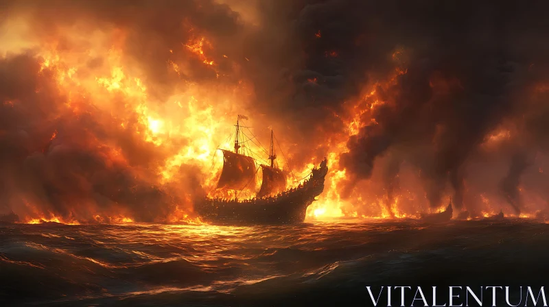 Burning Ship in the Stormy Sea AI Image