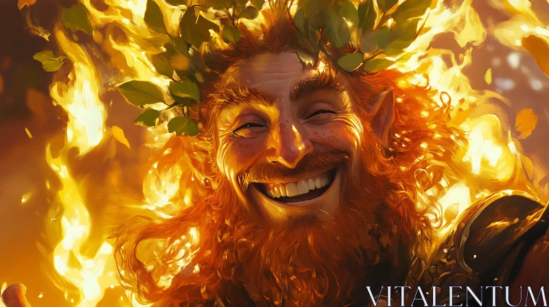 AI ART Smiling Man in Firelight with Leafy Crown