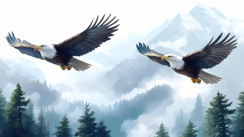 Eagles in Flight Above Forested Peaks