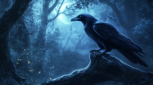 Night Raven Perched on Branch