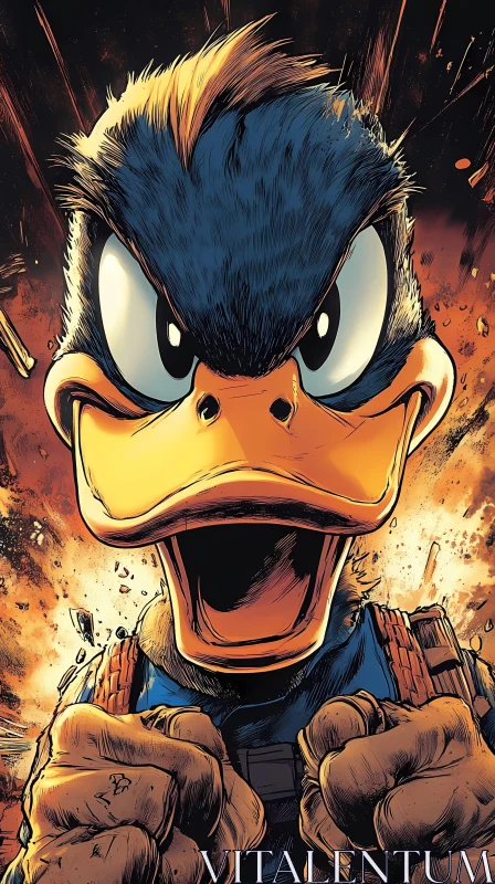 Intense Cartoon Duck in Action AI Image