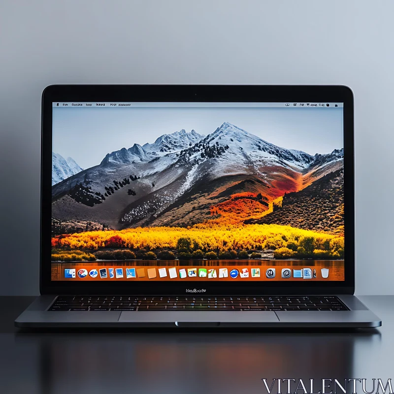 Laptop with Mountain View Wallpaper AI Image