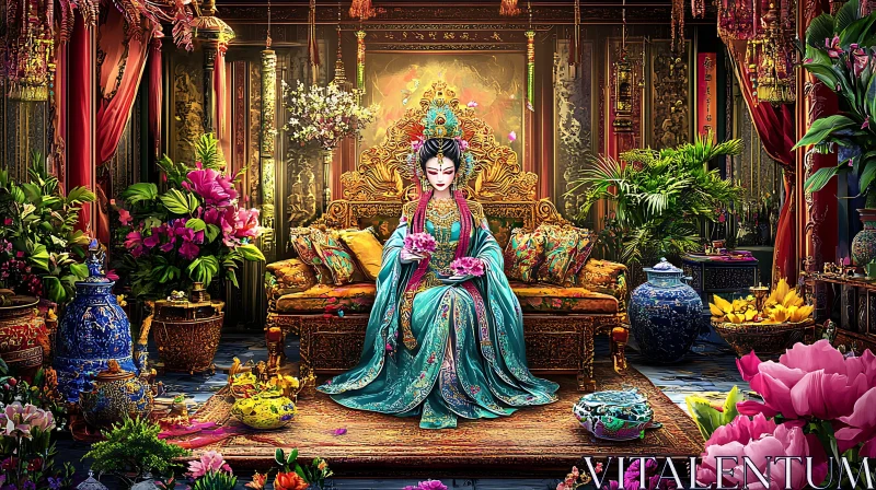 Oriental Beauty Amidst Floral Grandeur AI Image