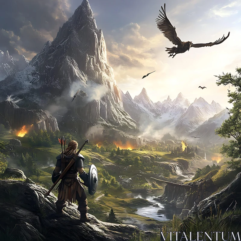 AI ART Warrior and Eagle Overlooking Mountain Landscape