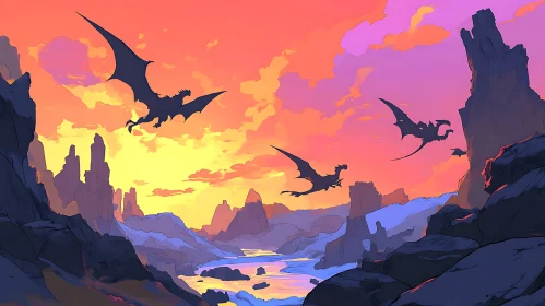 Sunset Dragons in a Fantasy Landscape