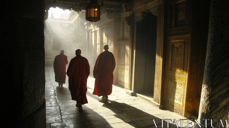 Red Robed Monks in Temple Passage AI Image