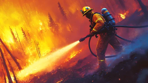 Brave Firefighter in Action Amidst Forest Blaze