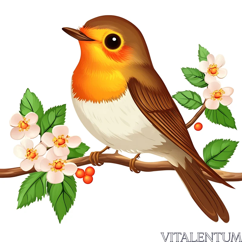 Cartoon Robin with Flowers on Branch AI Image