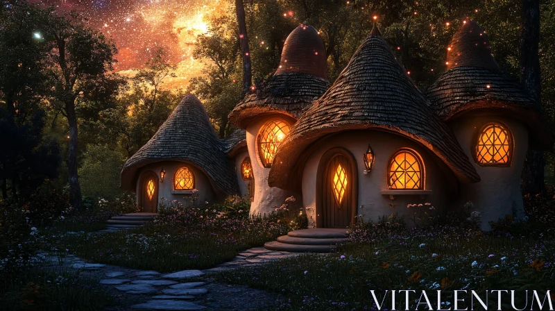 Fairytale Village: Mushroom Homes at Night AI Image