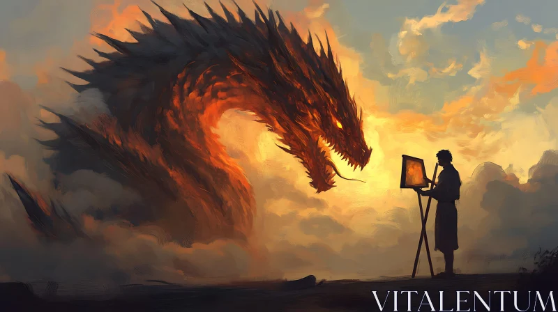 AI ART Painter and Dragon at Sunset