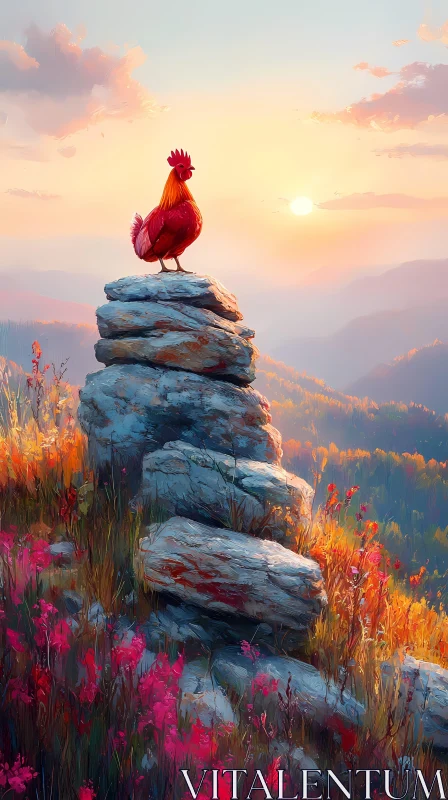 Rooster Overlooking Sunrise AI Image