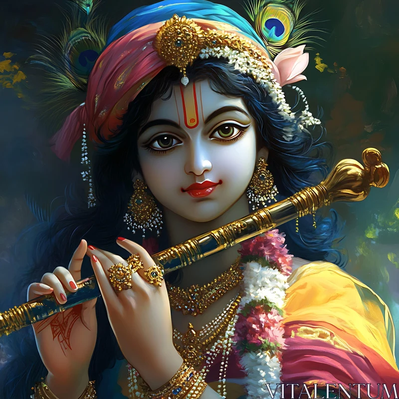 Portrait of Krishna Playing Flute AI Image